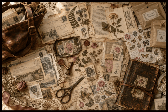 Layered vintage papers, labels and ephemera for junk journaling